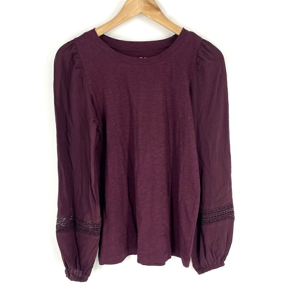 LOFT Top Size XS Womens Maroon Lace Trim Mixed Media Long Sleeve Cotton T Shirt